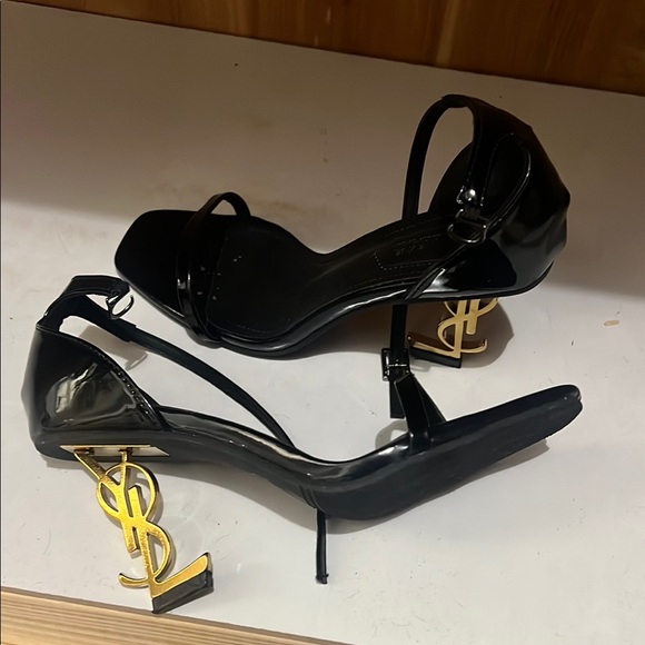 Ysl Glossy Black Heels with Gold Logo - Picture 1 of 4